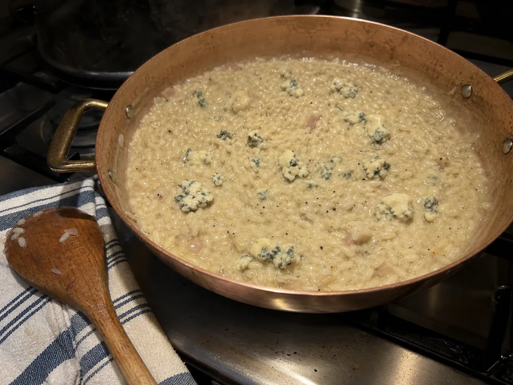 Creamy risotto with melted Buttermilk Blue and a few visible crumbles