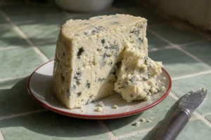 Pillowy ivory blue cheese wedge with a naturally torn piece - Buttermilk Gorgonzola | KnowTheCheese