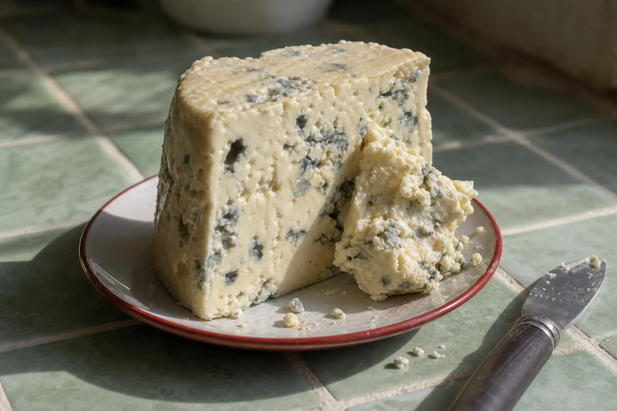 Pillowy ivory blue cheese wedge with a naturally torn piece - Buttermilk Gorgonzola | KnowTheCheese