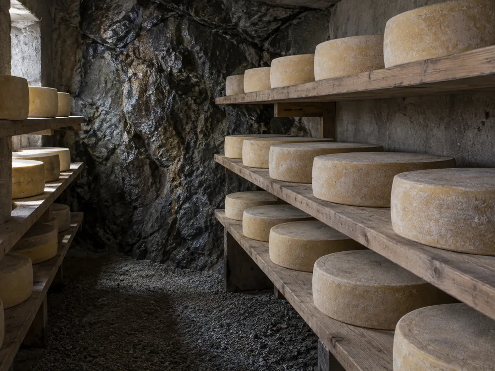 Pale natural-rind cheese wheels resting on wooden planks in an underground cave - Butternut cheese | KnowTheCheese