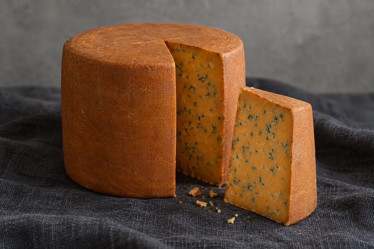 Russet blue cheese cylinder with a cut wedge showing fine blue veins - Buxton Blue | KnowTheCheese