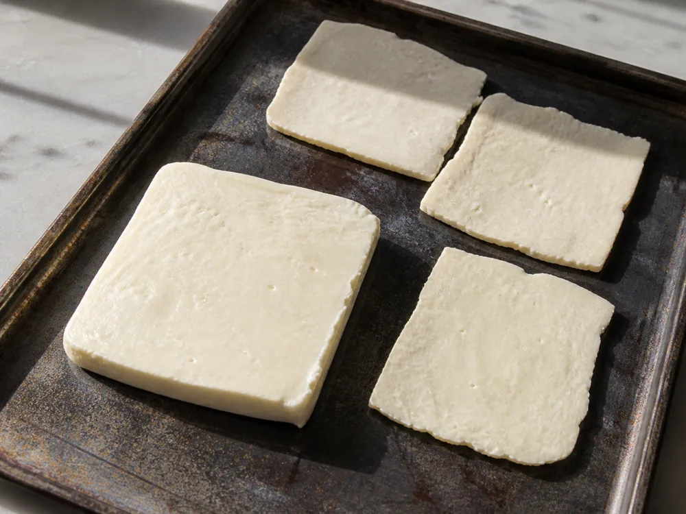 Fresh and dried slices of pale pressed cheese compared - Byaslag | KnowTheCheese