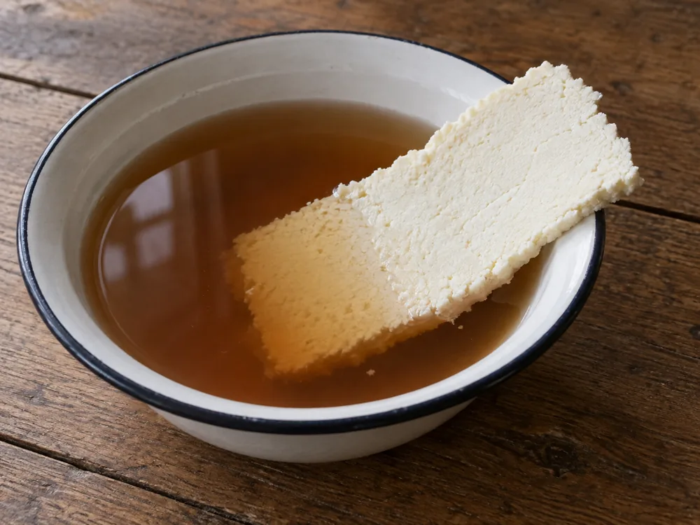 Slice of pale crumbly cheese in a bowl of tea - Byaslag | KnowTheCheese