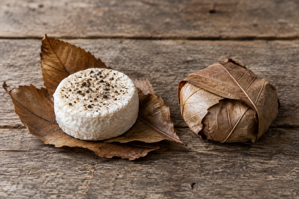 Small peppered white goat cheese on chestnut leaves beside a leaf-wrapped cheese - Cabécou Feuille d'Armagnac | KnowTheCheese