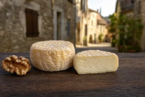 Small Cabecou goat cheese discs on a Perigord market counter