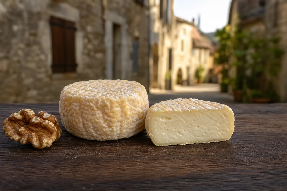 Small Cabecou goat cheese discs on a Perigord market counter