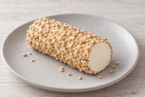 Short oatmeal-coated cheese log with the end cut to show a pale center - Caboc | KnowTheCheese