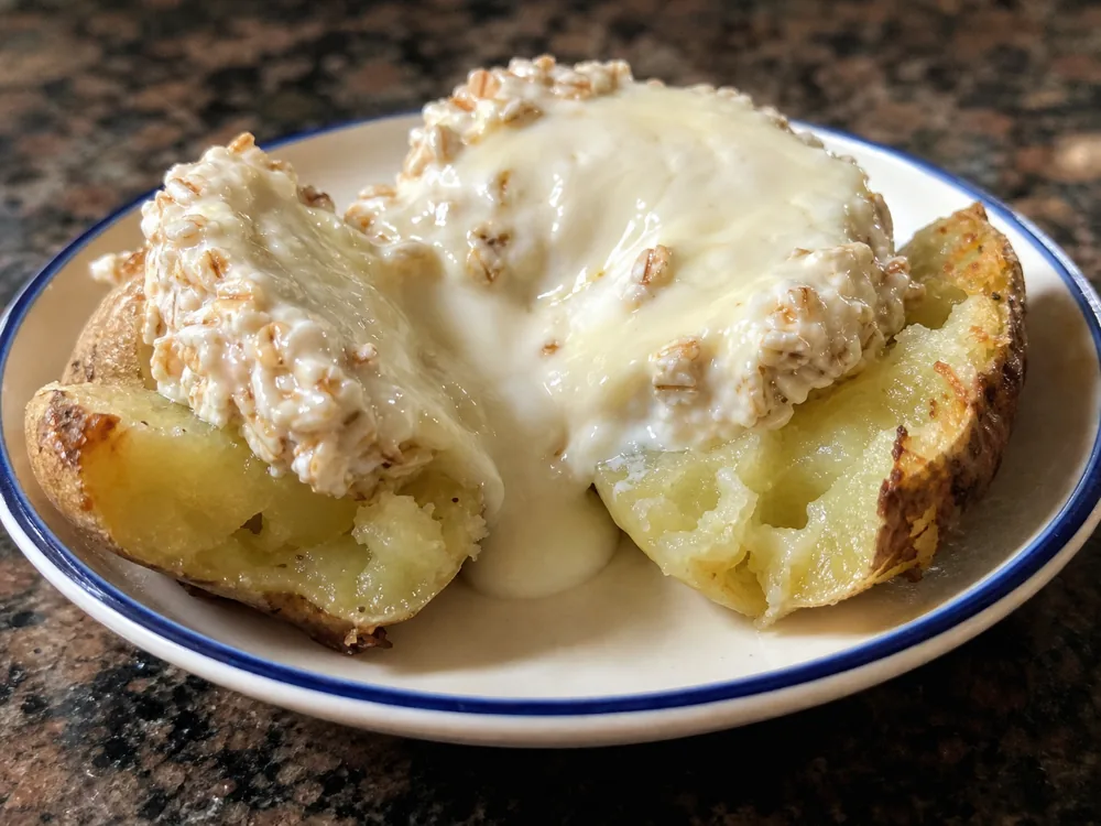 Oatmeal-coated soft cheese melting gently over a roasted potato | KnowTheCheese