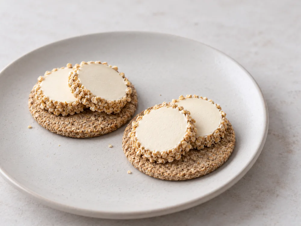 Thin slices of an oatmeal-coated cheese log on two oatcakes - Caboc | KnowTheCheese