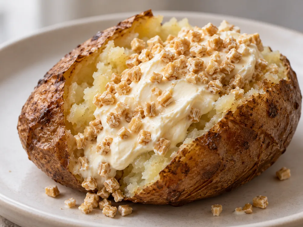 Soft oatmeal-coated cheese spread over a potato - Caboc | KnowTheCheese