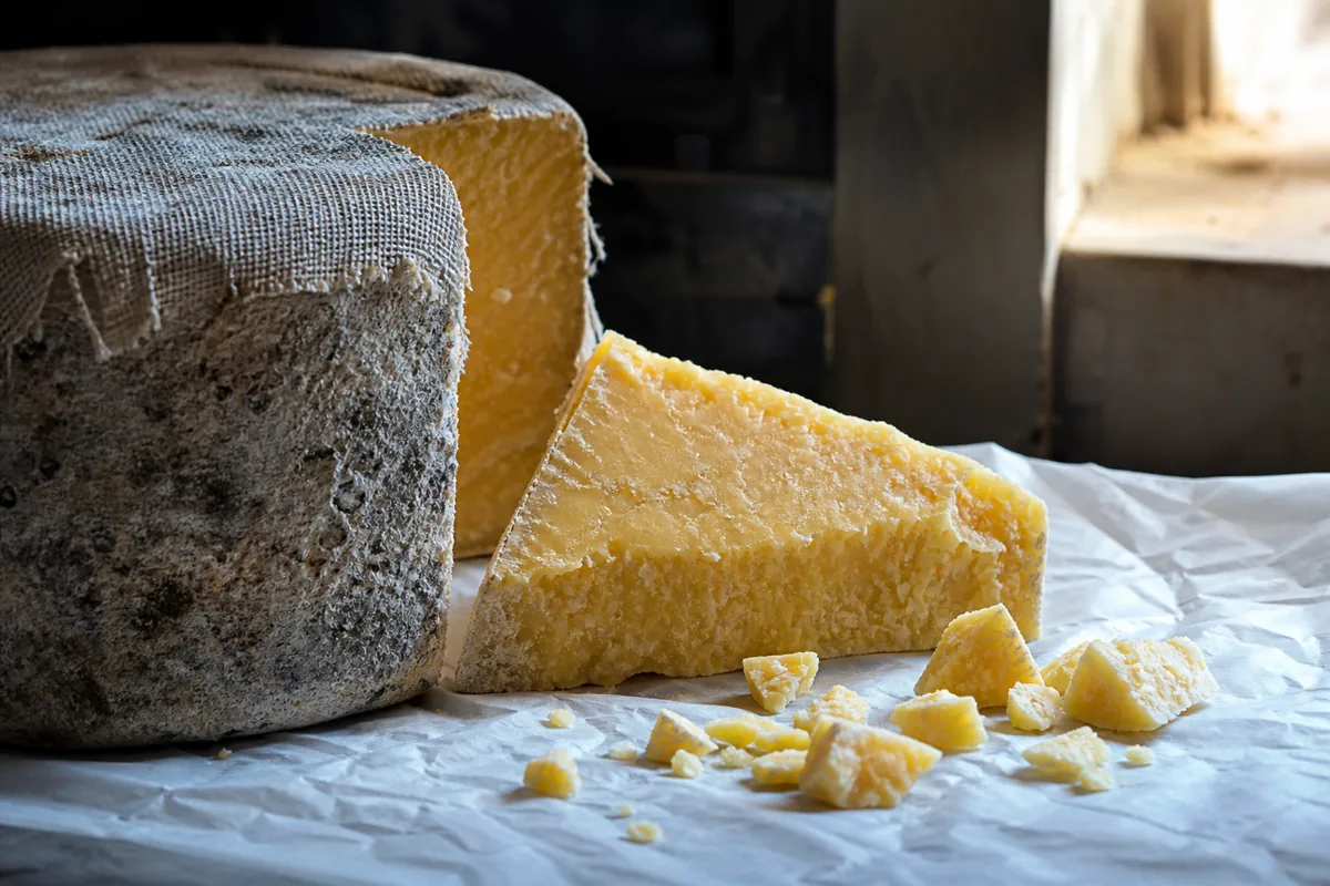 Mottled clothbound cheddar wheel with a crumbly golden wedge - Cabot Clothbound
