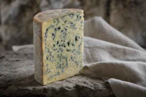 Tall wedge of densely veined Cabrales-style blue cheese with a thin natural rind - Cabrales