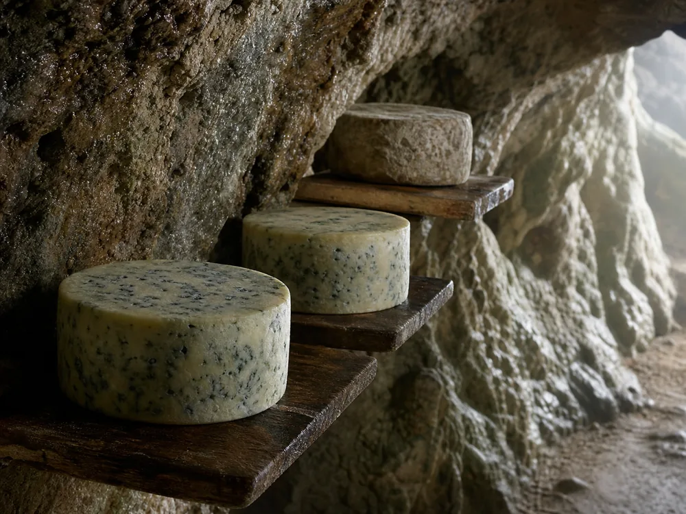 Natural-rind blue cheese wheels aging on wooden shelves in a humid limestone cave | KnowTheCheese