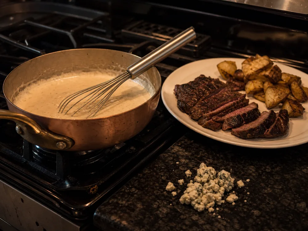 Small Cabrales crumbles measured beside a creamy sauce for beef and potatoes | KnowTheCheese