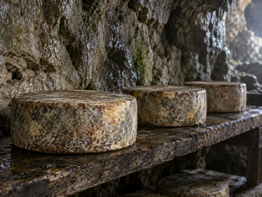 Cylindrical blue cheese wheels with gray-brown rinds on wooden shelves in a natural cave - Cabrales | KnowTheCheese