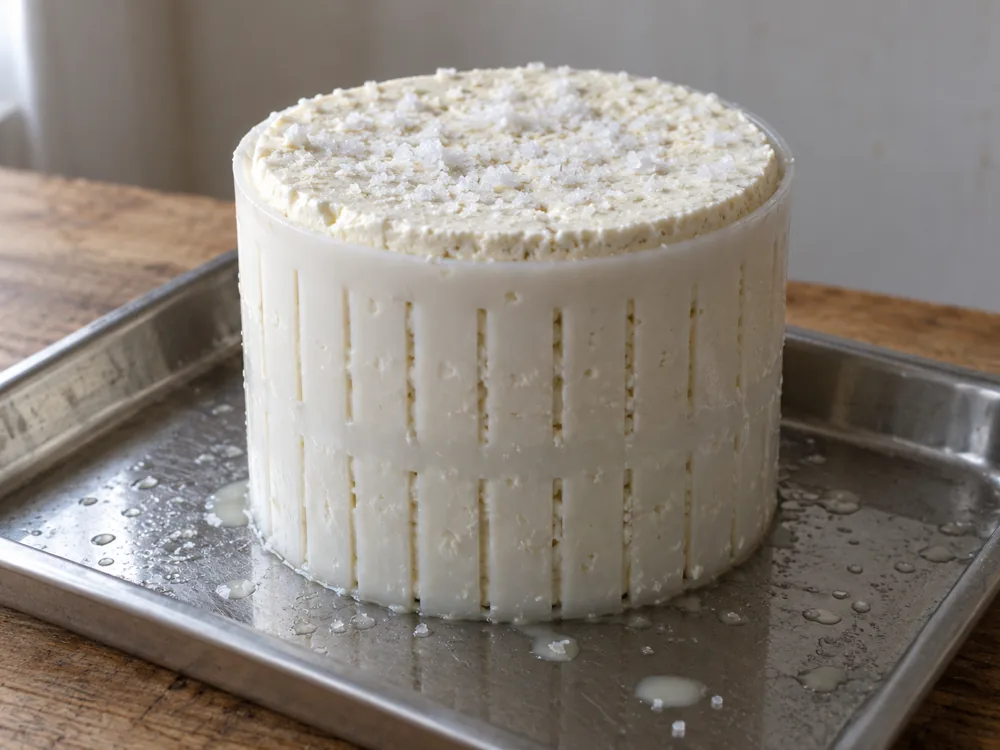 Pale cylindrical cheese in a slotted mold with coarse salt on its flat top - Cabrales | KnowTheCheese