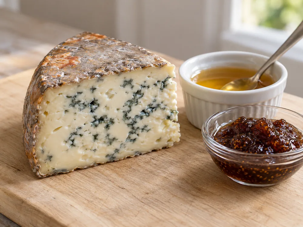 Wedge of blue cheese with ivory paste and blue-green veins beside a small dish of honey and a dish of fig jam - Cabrales | KnowTheCheese