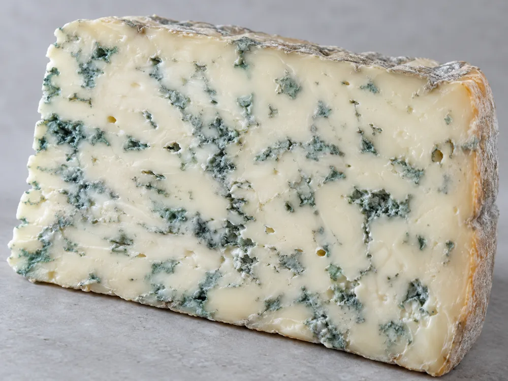 Close view of a cut blue cheese face with ivory paste, blue-green veining and a few small holes beside a thin rind - Cabrales | KnowTheCheese