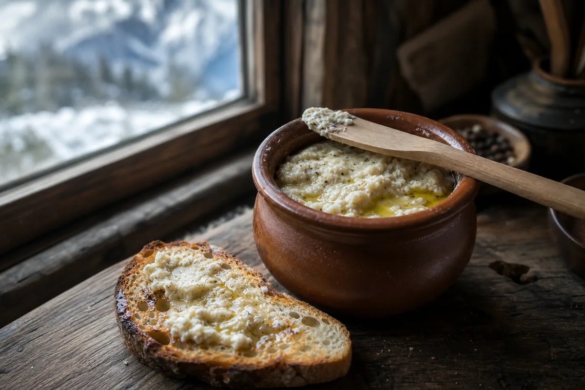 Earthenware crock of coarse strong cheese spread with hot toast - Cachaille