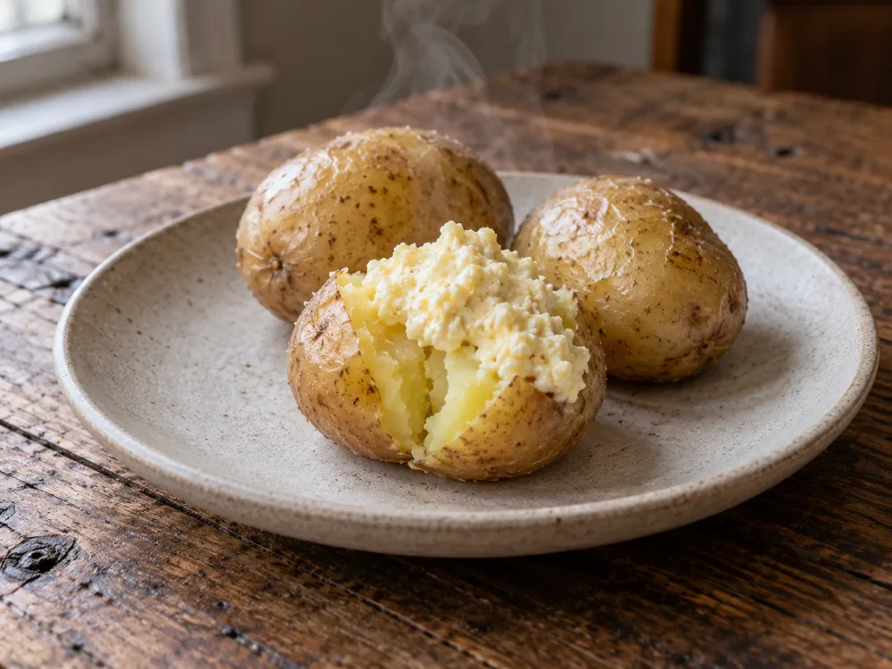 Hot boiled potato topped with a spoonful of creamy cheese paste - Cachaille | KnowTheCheese