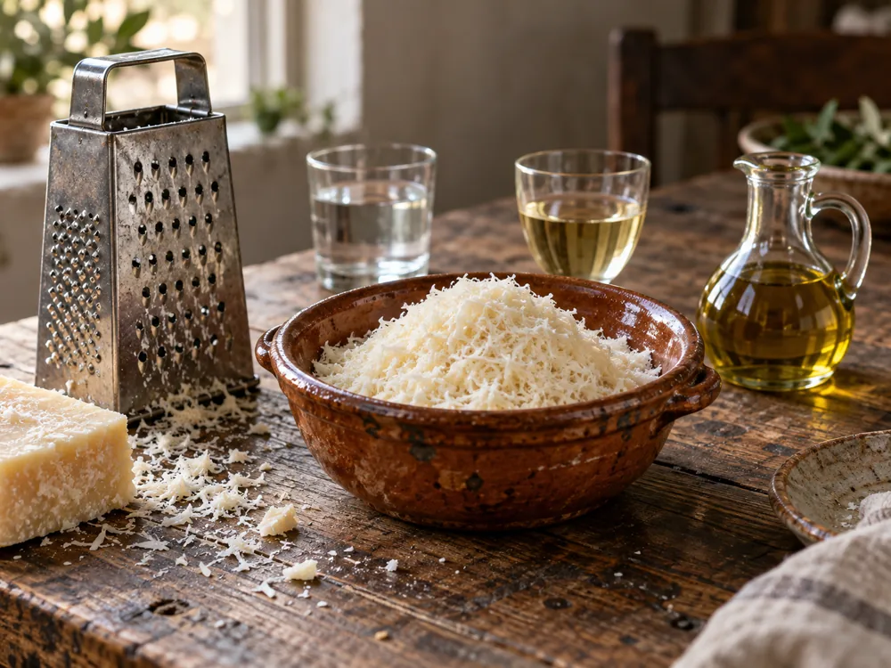 Dry grated cheese in a bowl beside a grater, glasses of clear liquid and white wine, and a jug of olive oil - Cachaille | KnowTheCheese