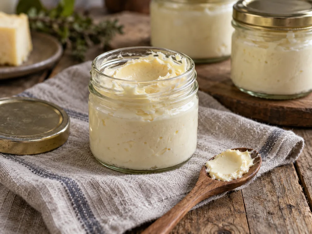 Open glass jar of thick cream-coloured cheese paste with a wooden spoon - Cachaille | KnowTheCheese