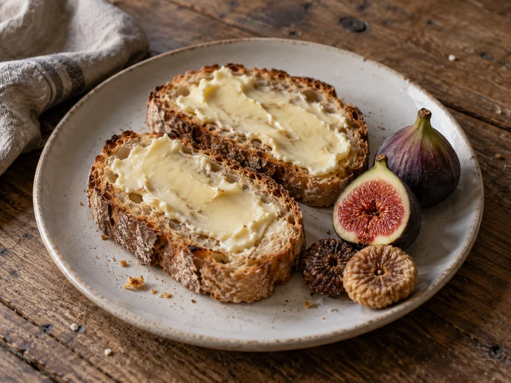 Two slices of toast spread with pale cheese paste beside fresh and dried figs - Cachaille | KnowTheCheese