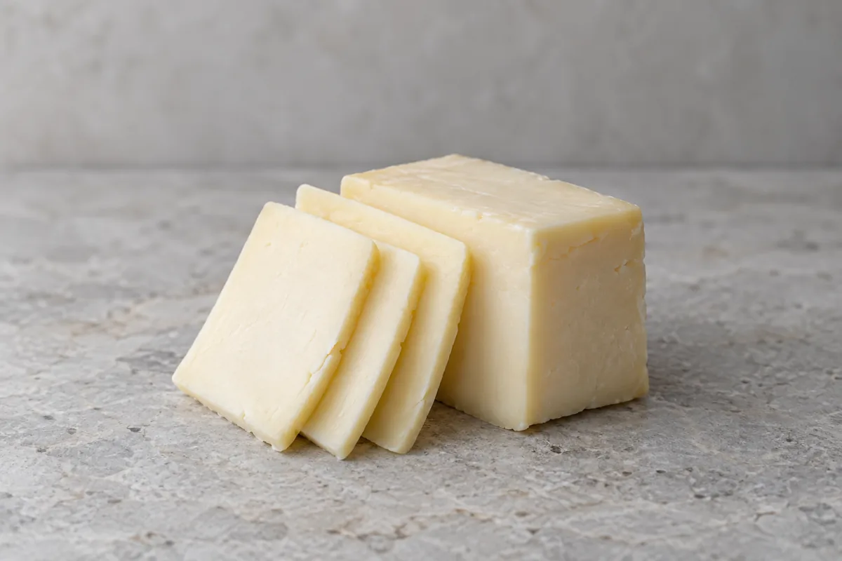 Illustration of a block and slices of pale ivory semisoft cheese - Cacio de Roma | KnowTheCheese