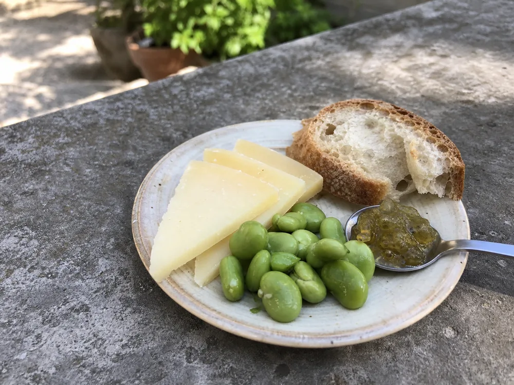Cacio de Roma served with bread, fava beans, and mostarda | KnowTheCheese