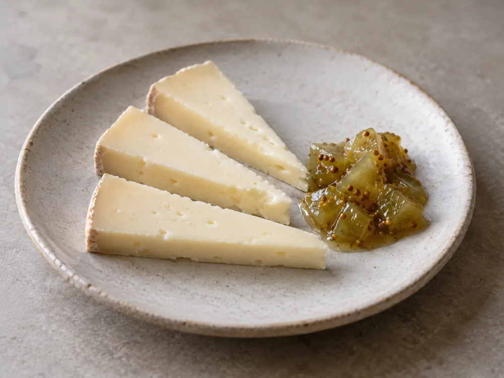 Illustration of pale semisoft cheese slices beside green tomato mostarda - Cacio de Roma | KnowTheCheese