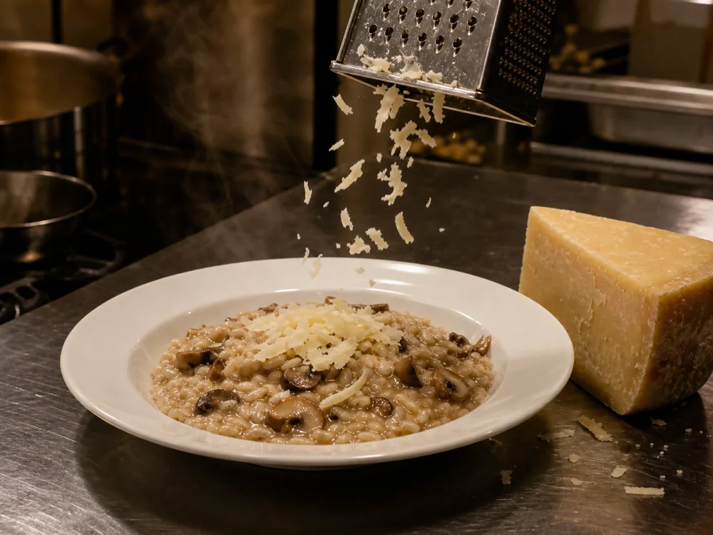 Coarse Cacio di Bosco shavings over hot risotto | KnowTheCheese