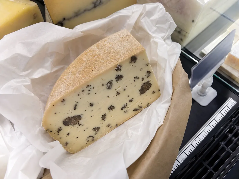 Cut truffle pecorino wedge with an even dry surface and irregular truffle pieces | KnowTheCheese