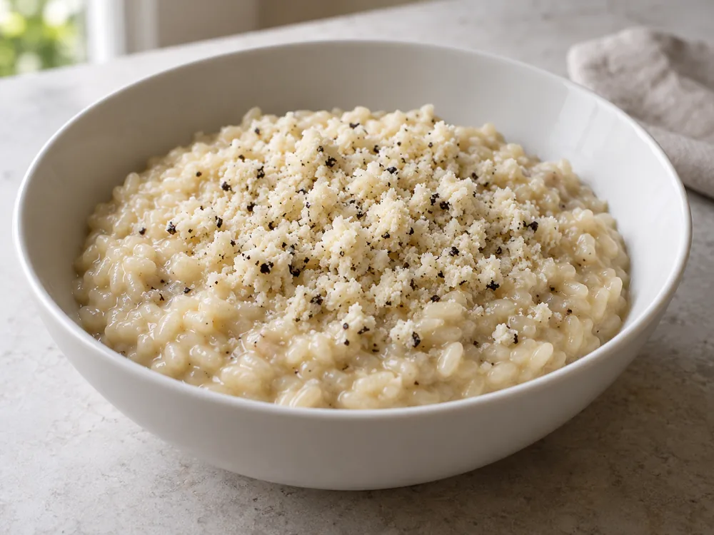 Grated cheese with dark truffle specks over risotto - Cacio di Bosco al Tartufo | KnowTheCheese