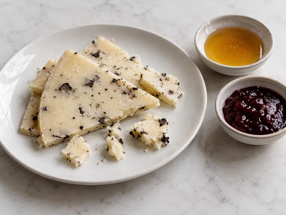 Slices and pieces of cheese with dark truffle flecks beside bowls of honey and fruit jam - Cacio di Bosco al Tartufo | KnowTheCheese