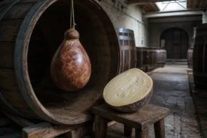 Pear-shaped Caciobarricato beside an open wine barrel with its straw-colored paste visible