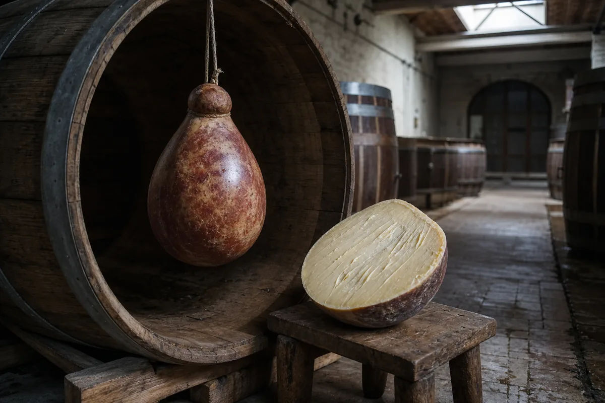 Pear-shaped Caciobarricato beside an open wine barrel with its straw-colored paste visible