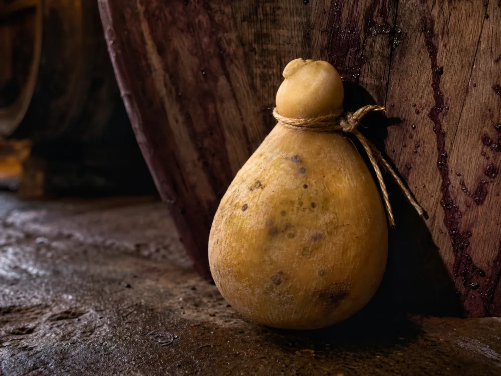 Caciocavallo rind resting against wine-marked oak barrel staves | KnowTheCheese