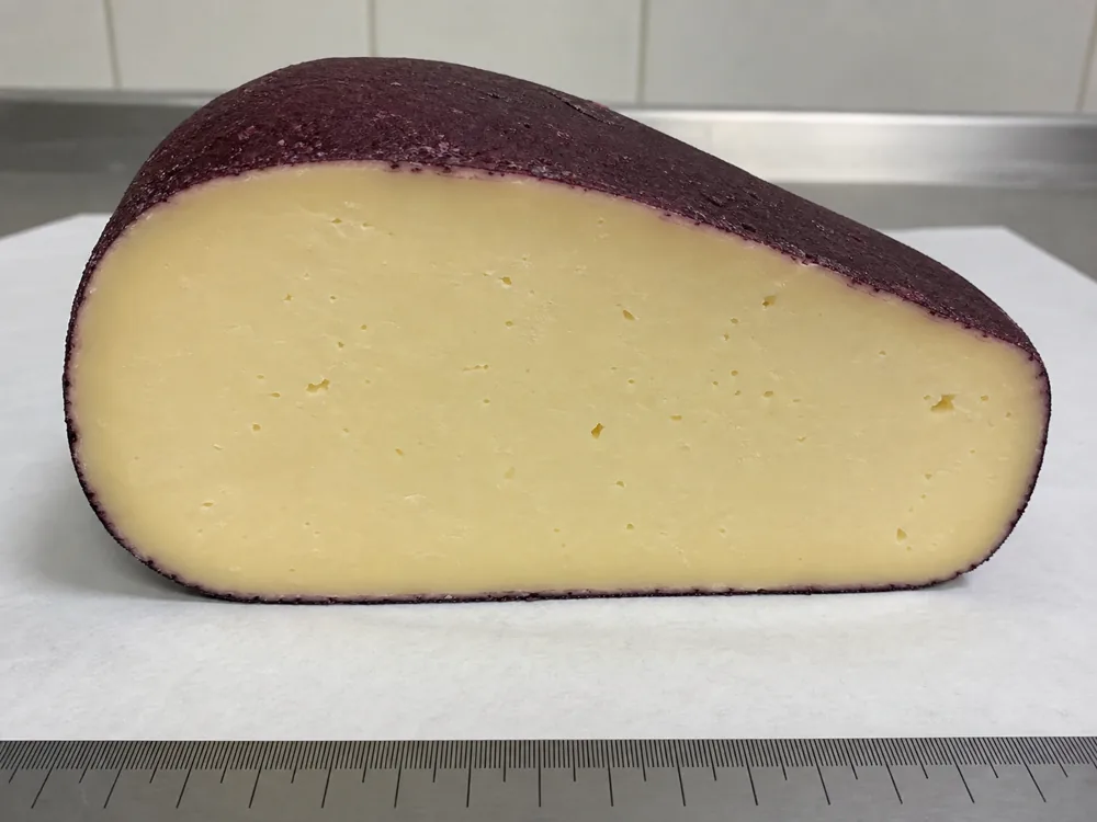 Cross-section showing Caciobarricato's dark treated rind and compact pale paste | KnowTheCheese