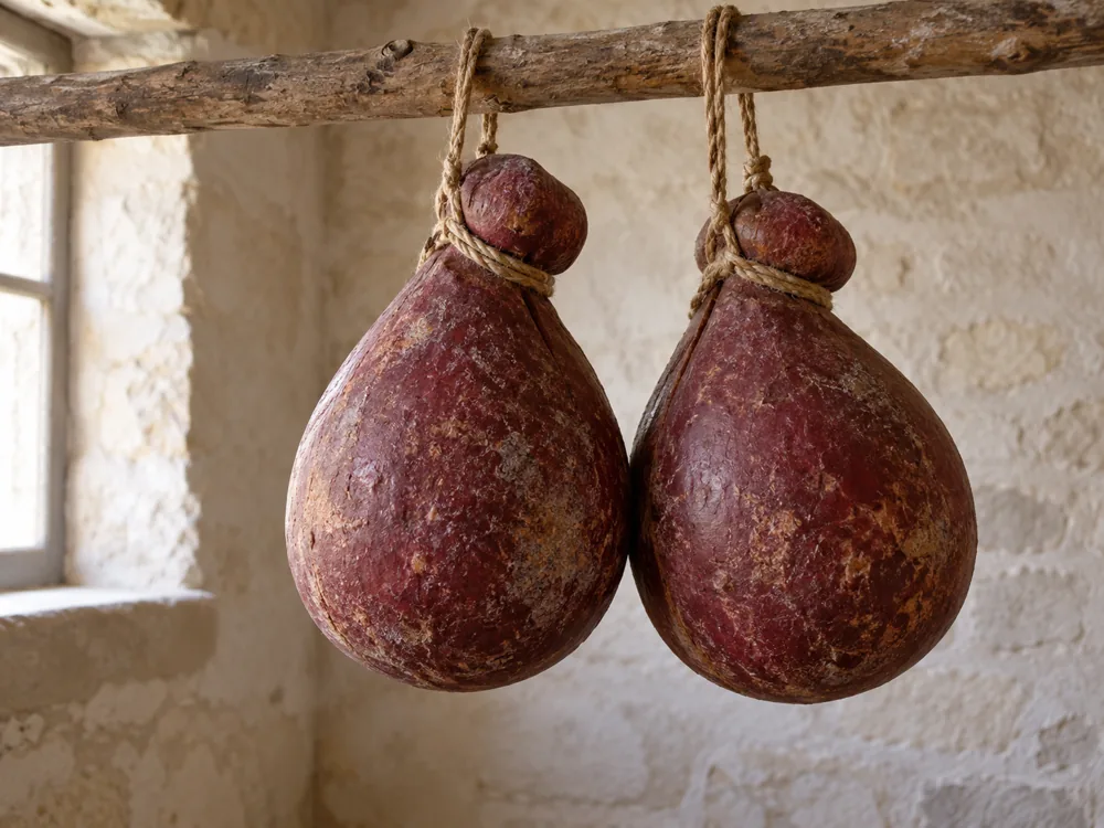 Two pear-shaped cheeses tied together and hanging over a wooden pole