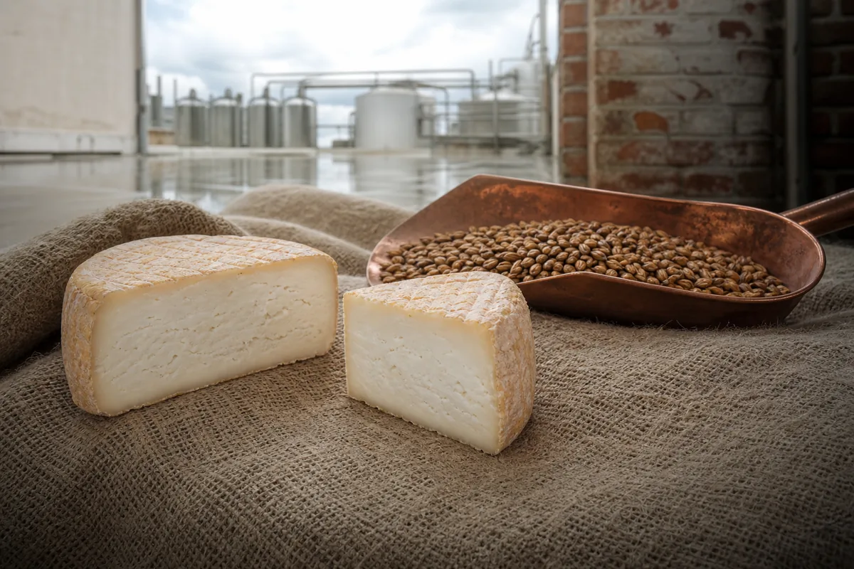 Small Caciobirraio wheel with a malt-colored rind and white soft paste