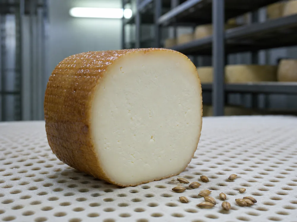 Beer-refined rind surrounding Caciobirraio's pale elastic center | KnowTheCheese