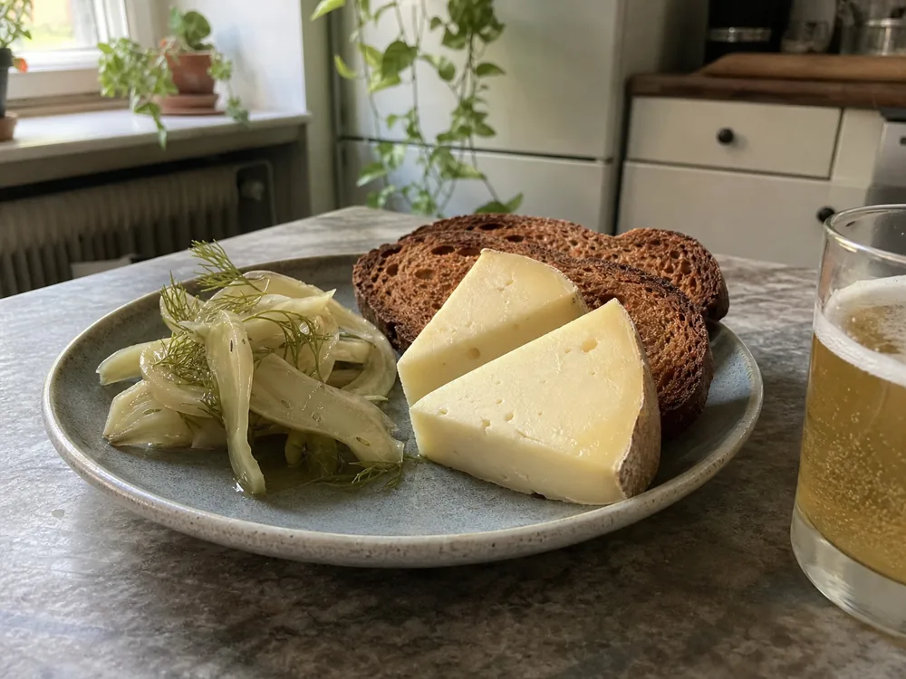 Thin Caciobirraio wedges with rye toast, pickled fennel, and pale lager | KnowTheCheese