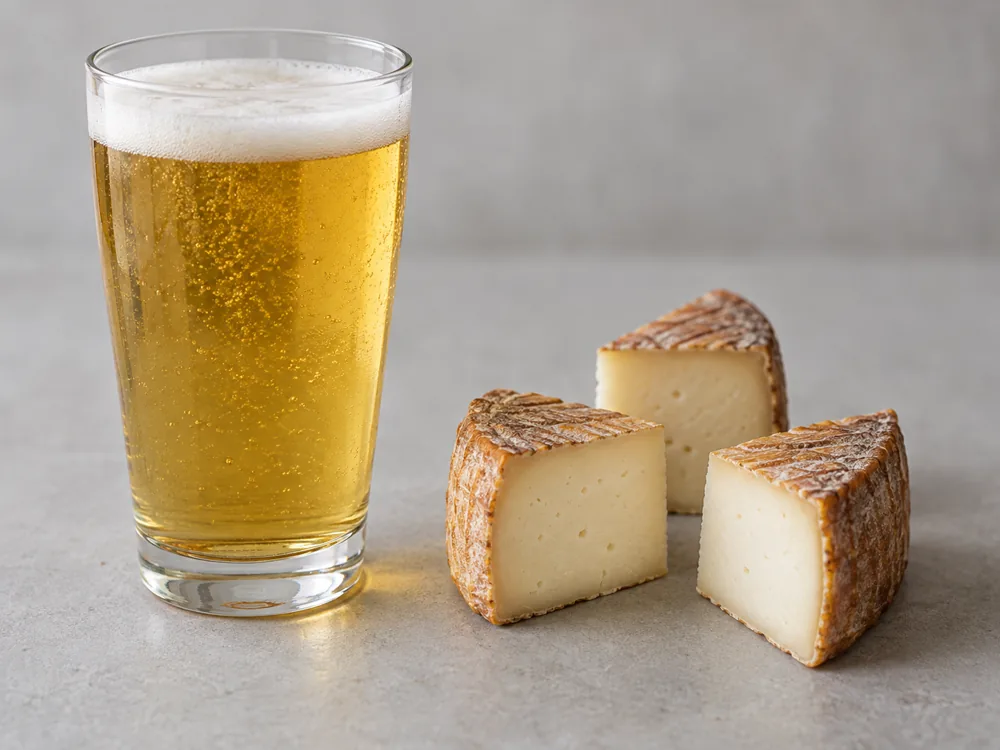 Glass of pale lager beside three cheese wedges with malt-colored rinds - Caciobirraio | KnowTheCheese
