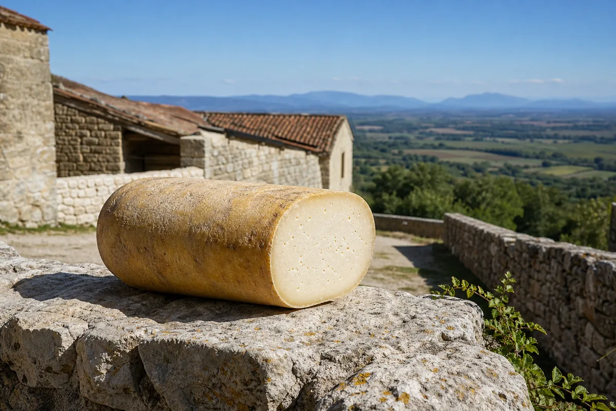Long rounded Caciobufala with a compact ivory paste in a Campania dairy courtyard