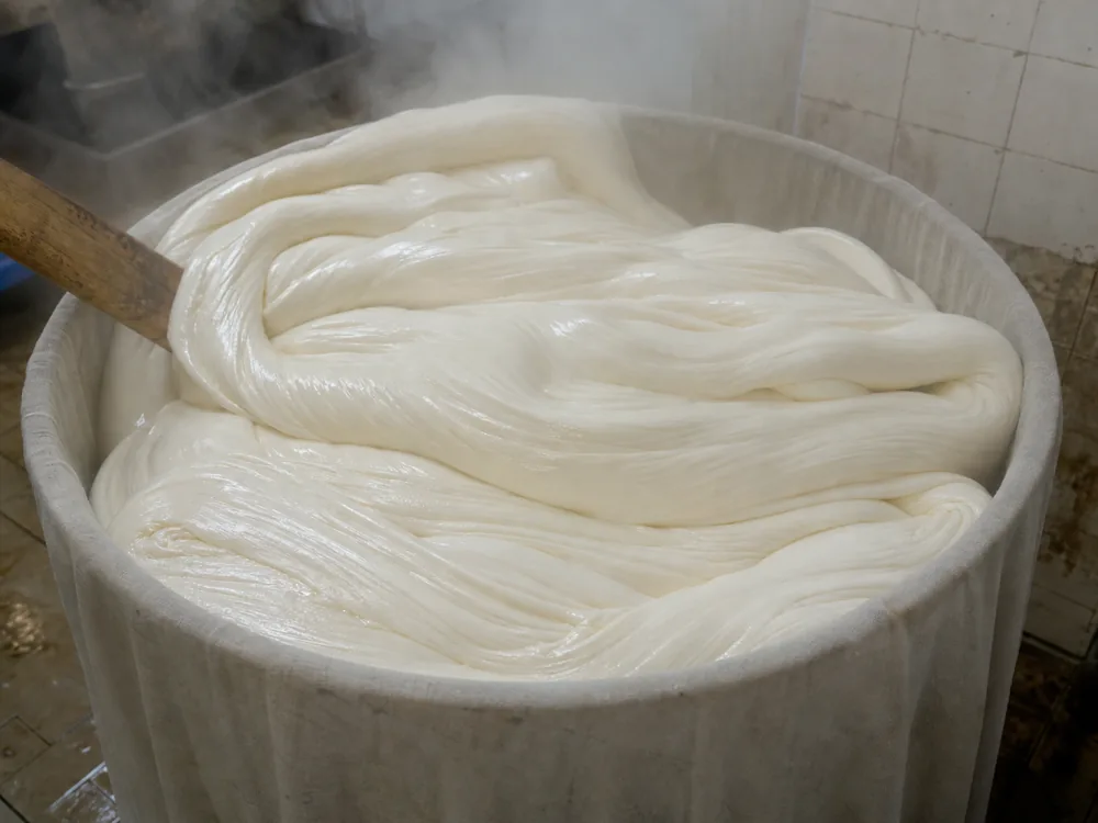 Warm buffalo milk curd ribbons folded into a mold for aged Caciobufala | KnowTheCheese