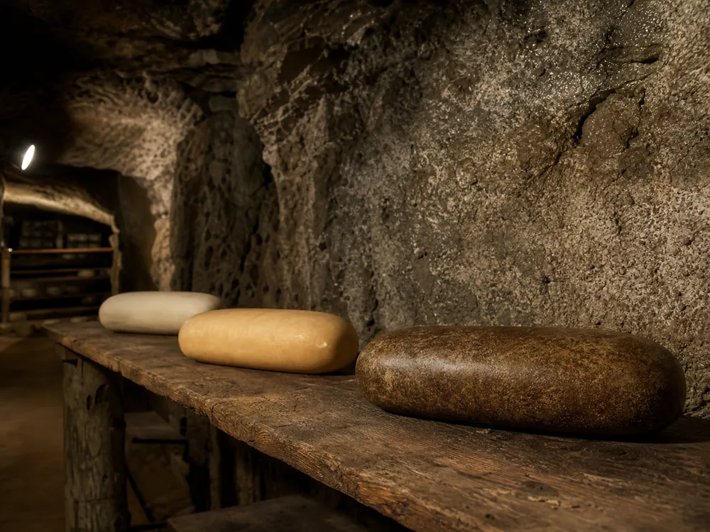 Caciobufala cheeses maturing on spaced wooden shelves in a natural limestone cave | KnowTheCheese