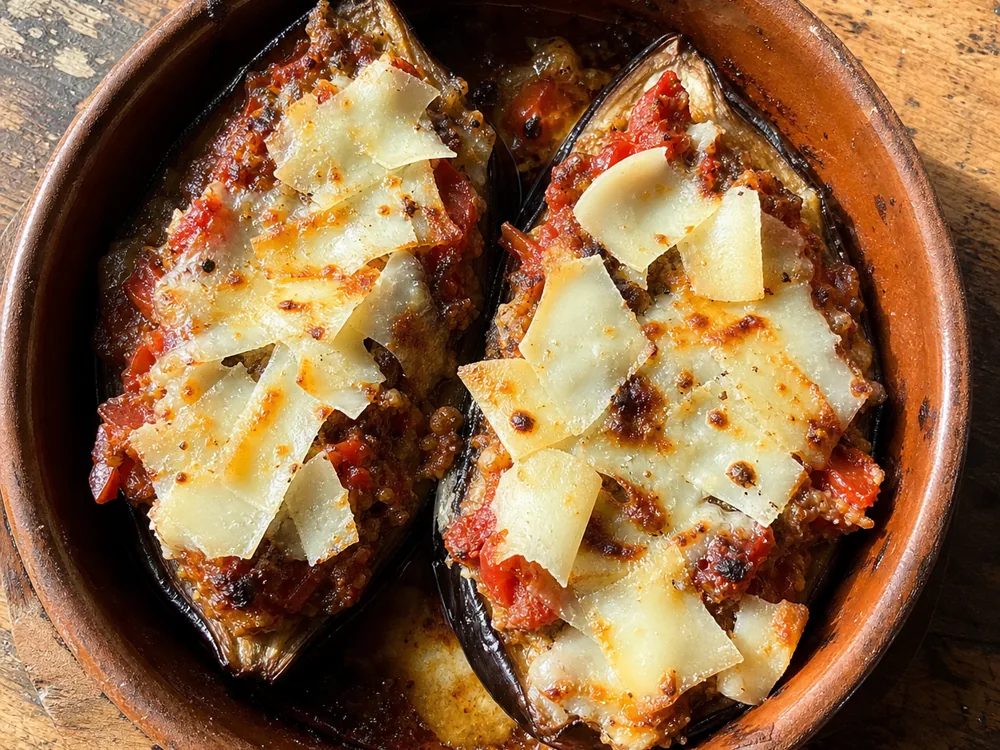 Caciobufala shavings browned over stuffed aubergine | KnowTheCheese