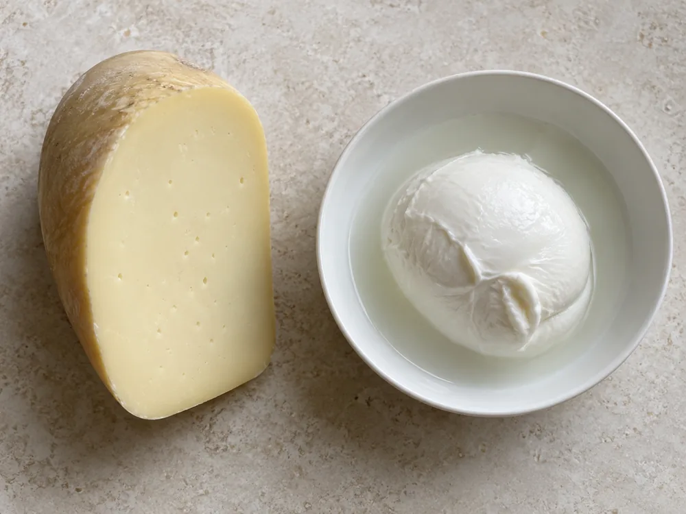 Cut piece of compact ivory cheese beside a fresh mozzarella ball in liquid - Caciobufala | KnowTheCheese