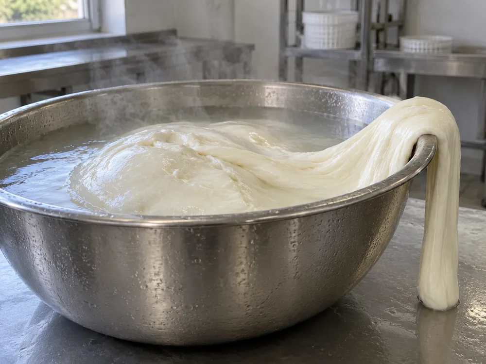 Soft glossy ivory curd with a thick stretched strand over the rim of a steaming steel basin - Caciobufala | KnowTheCheese