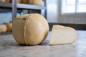 Cord-tied Caciocavallo di Bufala with a cut wedge showing pale stretched curd